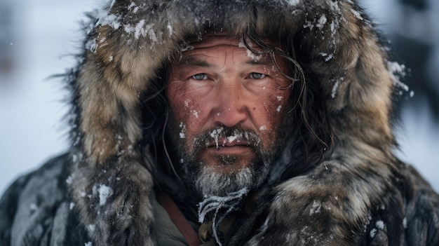 Pastor de renas finlandês em peles quentes contra o frio do Ártico