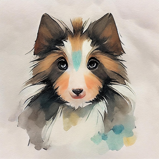 Pastor de Shetland. Adorável cachorrinho. Ilustração em aquarela com manchas de cor. Todas as raças de cães