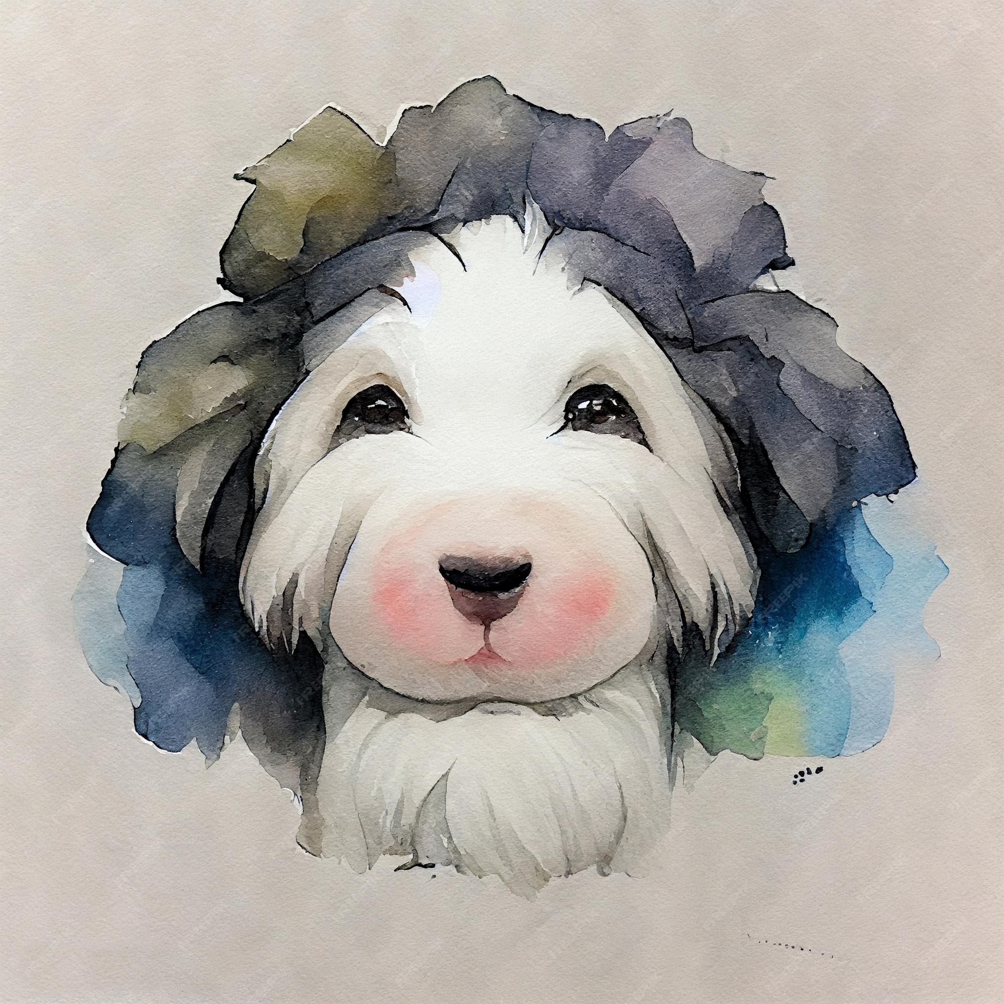 Antigo cão pastor inglês adorável ilustração em aquarela de cachorrinho com  manchas de cor todas as raças de cães