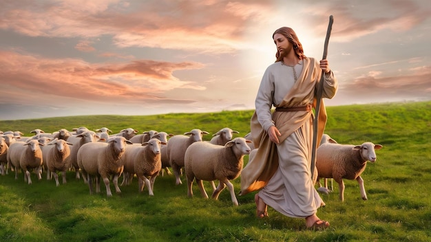 Pastor Jesucristo liderando a las ovejas en el campo generativo ai