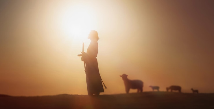 Foto pastor jesus cristo conduzindo as ovelhas e orando a deus e no campo luz do sol brilhante e jes