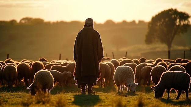 Foto pastor jesus cristo cuidando do cordeiro e um rebanho de ovelhas no prado com uma paisagem de nascer do sol brilhantemente crescente ia generativa