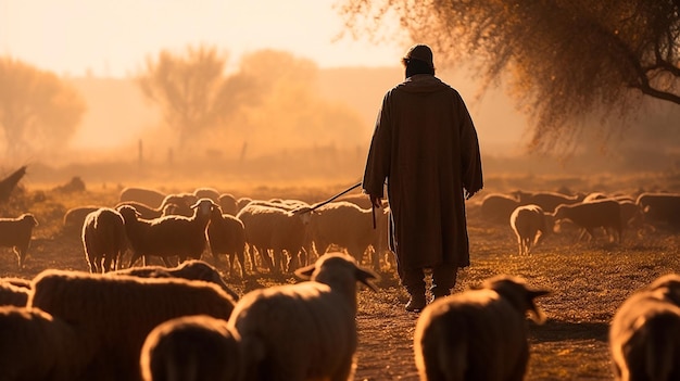 Foto pastor jesus cristo cuidando do cordeiro e um rebanho de ovelhas no prado com uma paisagem de nascer do sol brilhantemente crescente ia generativa