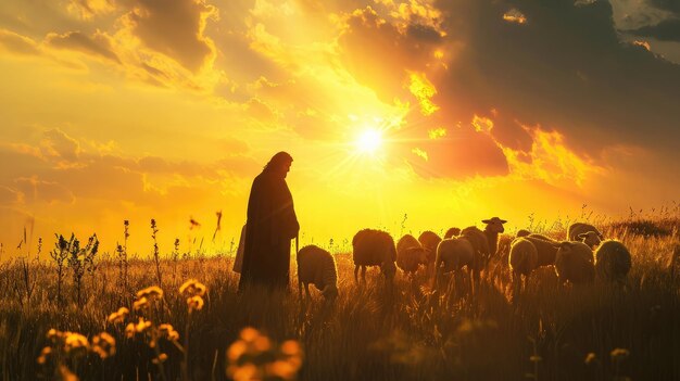 Pastor Jesus Cristo liderando o rebanho e orando a Jeová Deus e luz brilhante sol e silhueta de Jesus fundo no campo