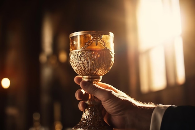 Pastor mano sosteniendo cáliz dorado de vino rayos de sol a través de la ventana de la iglesia IA generativa