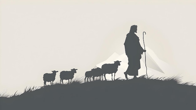 El pastor con las ovejas caminando por un paisaje en la cima de una colina