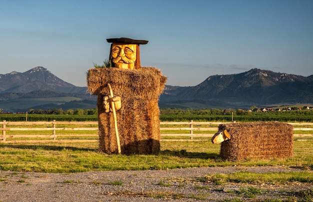 Pastor de paja con ovejas en el campo con montañas al fondo