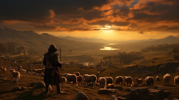 un pastor con su rebaño de ovejas en un campo al atardecer.