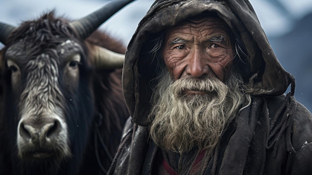 Pastor de yaks tibetanos navegando con resiliencia por el accidentado terreno del Himalaya