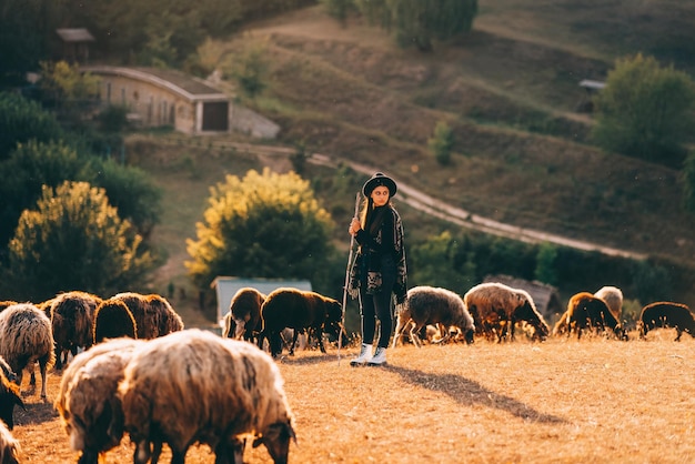 Foto pastora y rebaño de ovejas en un césped