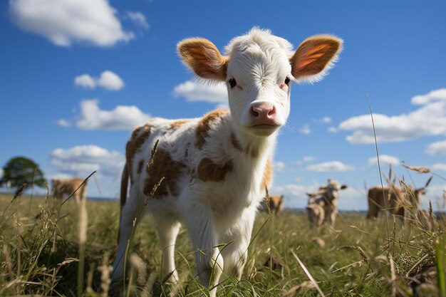 Pastoral Serenity Cow inmitten von Gras mit Himmel als Hintergrund