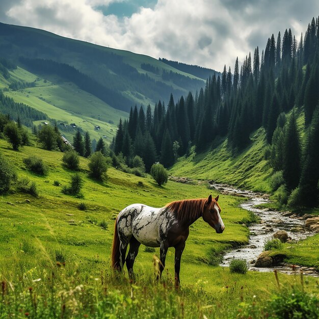 El pastoreo de caballos en los pastos de las montañas de los Cárpatos besados por la lluvia