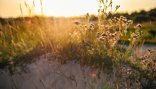 pastos de pradera y flores en el fondo