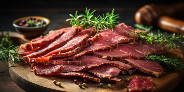 Pastrami fatias de carne seca com ervas em placa de madeira Fundo de madeira Top Generative AI