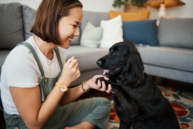 Pata de amor e mulher com cachorro no salão de casa para relaxar e brincar com o animal Felicidade do dono do animal de estimação e pessoa asiática no chão para treinar cuidados e bem-estar ou amizade com o companheiro em um apartamento aconchegante