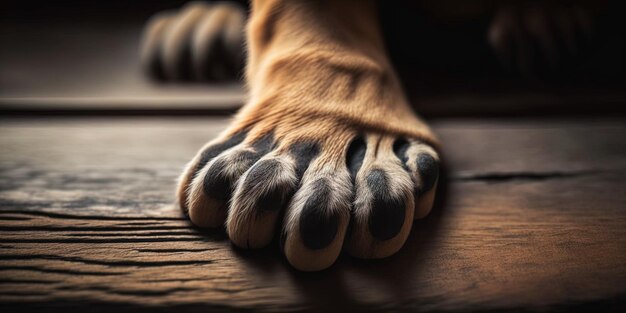 Foto la pata del perro cerca de la mesa de madera