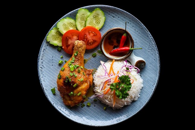 Pata de pollo asada al estilo vietnamita con arroz, verduras y salsa aislada de fondo negro