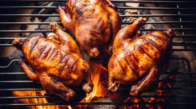 Patas y alas de pollo en la parrilla con llamas