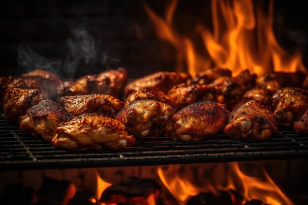 Patas y alitas de pollo a la parrilla con llamas generadas por IA