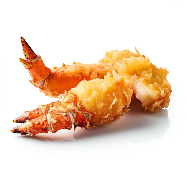 Patas de cangrejo tempura fritas sobre fondo blanco brillante
