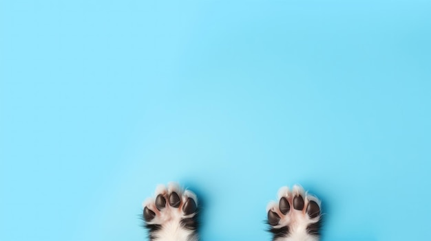Patas engraçadas de um cachorrinho de border collie em close-up isoladas em um espaço de fundo azul para texto