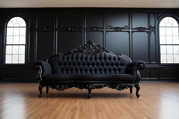 Las patas de metal de níquel negro sostienen un sillón Art Deco de terciopelo negro con un fondo blanco en el frente.