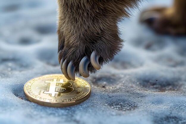 Foto las patas del oso pisoteando y sosteniendo bitcoin shiner