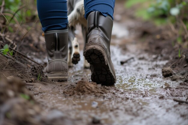 Patas de perro y zapatos de dueños caminando uno al lado del otro en un camino fangoso