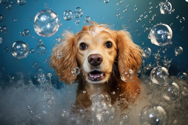 Las patas de los perros en agua jabonosa burbujean alrededor