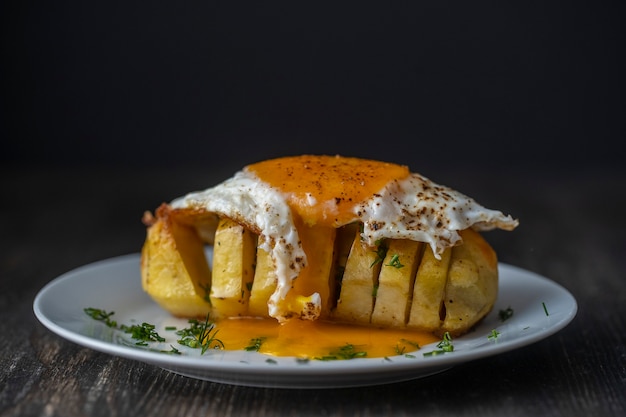 Patata al horno con huevo frito en plato blanco sobre mesa de madera