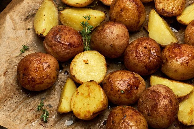 Patata al horno picante en bandeja con romero y ajo sobre capa de pergamino