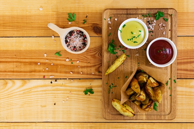 Patata al horno con salsa y especias en la oscuridad