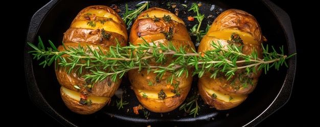 Patata al horno con tomillo en una sartén