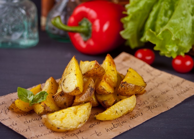 La patata cocida hecha en casa cuña con las hierbas con las verduras en el fondo.