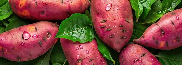 Foto patata dulce fresca púrpura de granja con hojas verdes naturales sobre la cabeza composición fondo alimenticio