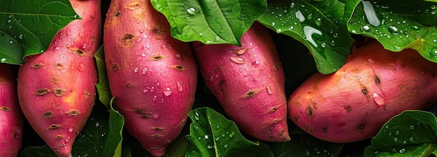 Foto patata dulce fresca púrpura de granja con hojas verdes naturales sobre la cabeza composición fondo alimenticio