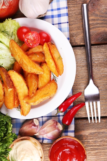 Patata frita casera en un plato sobre fondo de madera