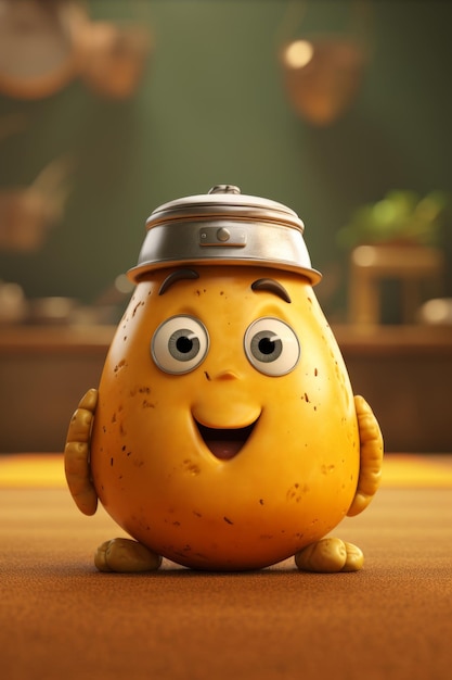 Una patata linda y divertida sonriendo en un fondo borroso animación 3D