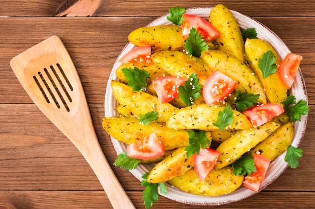 Patatas al horno en una cáscara con tomates, hierbas, especias y sésamo en un plato, Vista superior