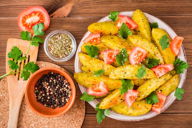 Patatas al horno en una cáscara con tomates, hierbas, especias y sésamo en un plato, Vista superior