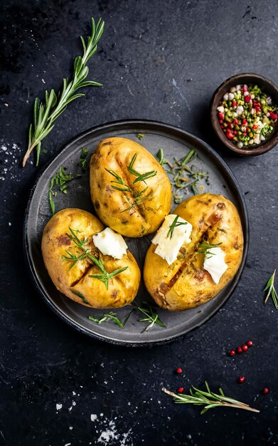 Foto patatas al horno con hierbas de queso y mantequilla de fondo negro