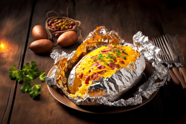 Patatas al horno en papel de aluminio sobre un plato de utensilios decorados con hierbas frescas y queso