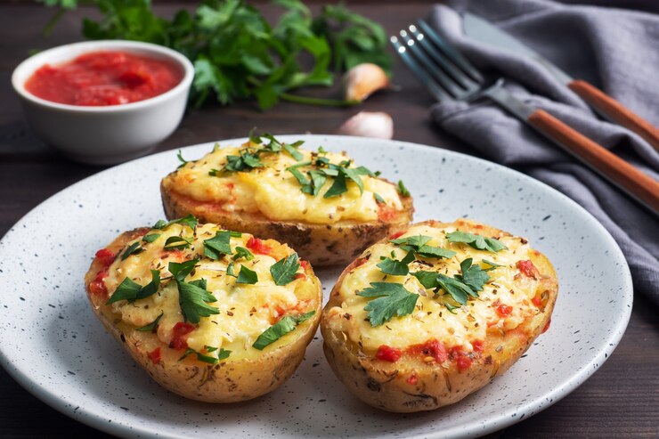 Patatas al horno con piel rellenas de queso y hierbas