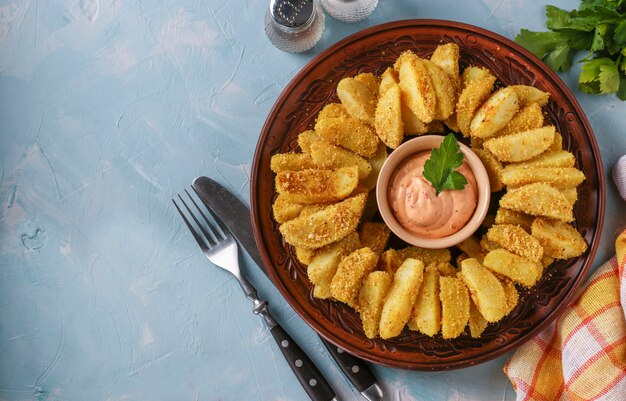 Patatas al horno en un plato redondo con salsa