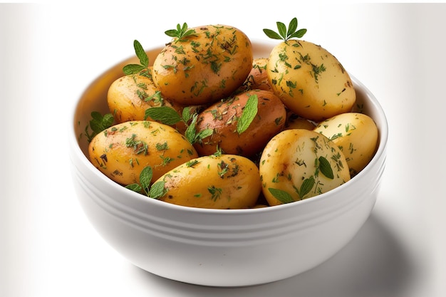 Patatas al horno en un recipiente sobre un fondo blanco.