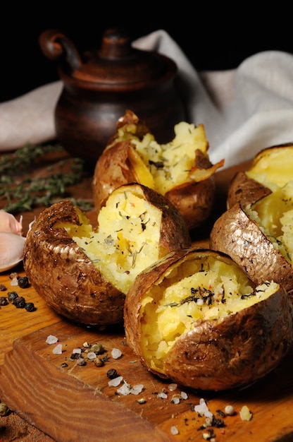 Patatas al horno rotas con especias y hierbas sobre una tabla de madera