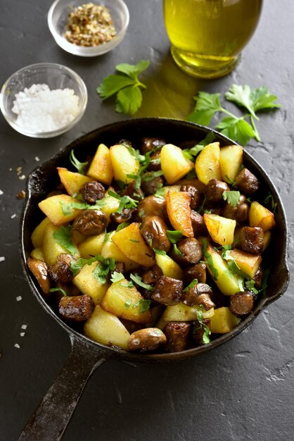 Patatas al horno con setas y salchichas