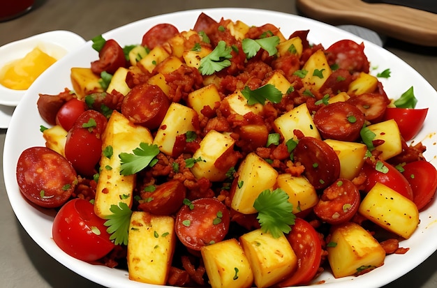 Patatas bravas y ensalada de chorizo