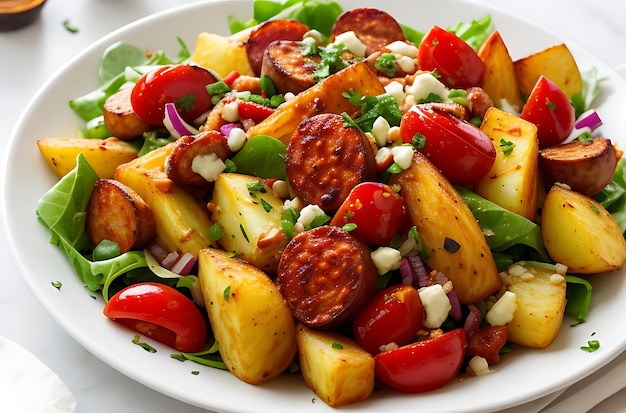 Patatas bravas y ensalada de chorizo