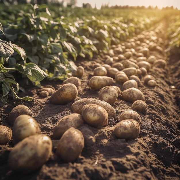 Patatas en un campo con el sol brillando sobre ellas